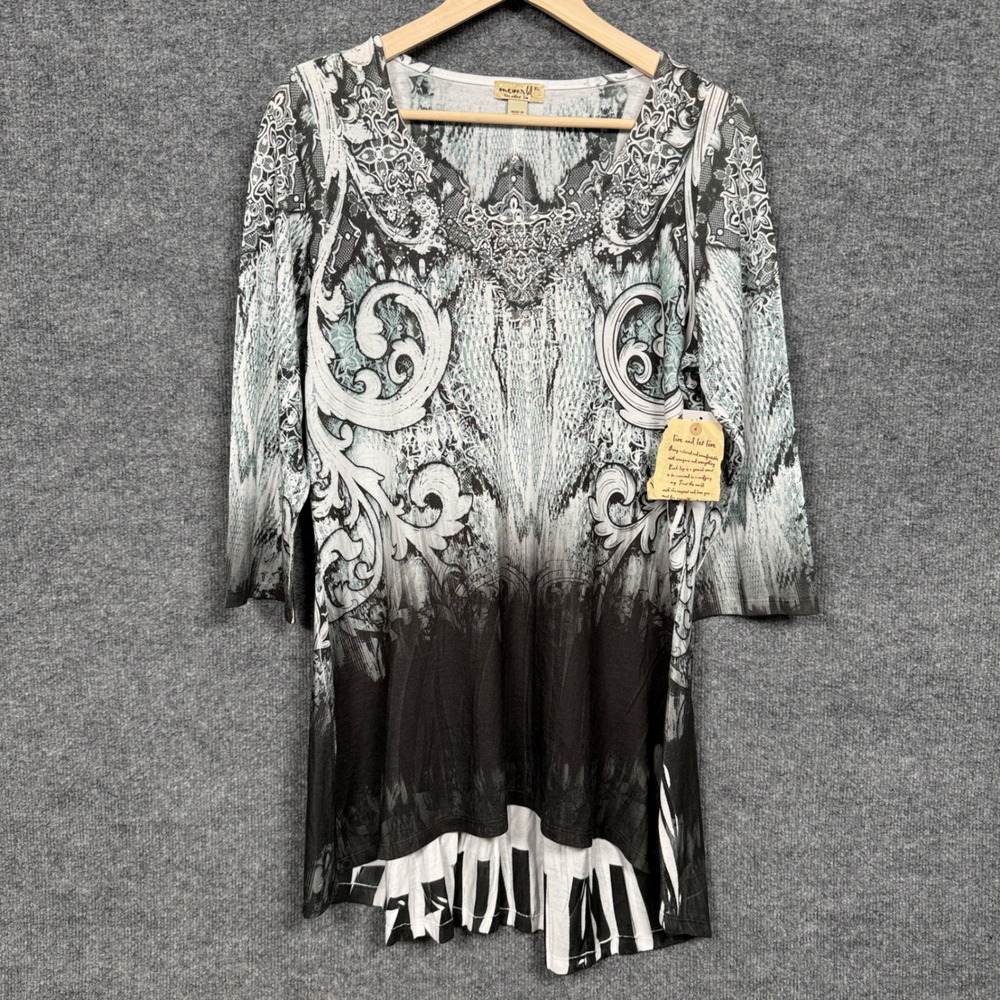 One World Live and Let‎ Live Sz XL Tunic Blouse White Black Ombre Floral Studded